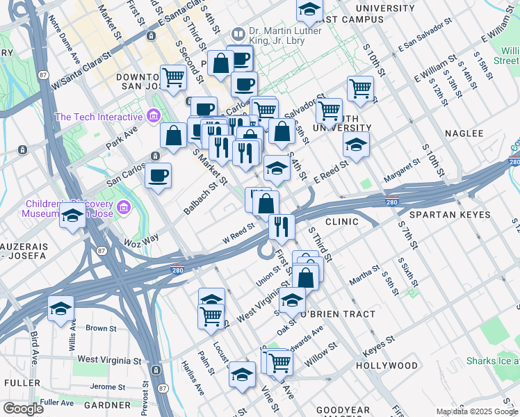 map of restaurants, bars, coffee shops, grocery stores, and more near 584s South 1st Street in San Jose