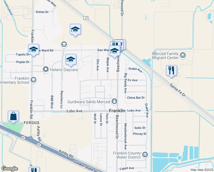 map of restaurants, bars, coffee shops, grocery stores, and more near 2706 Peppertree Drive in Merced