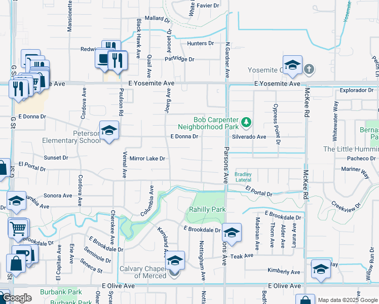 map of restaurants, bars, coffee shops, grocery stores, and more near 1258 Glacier Point Court in Merced