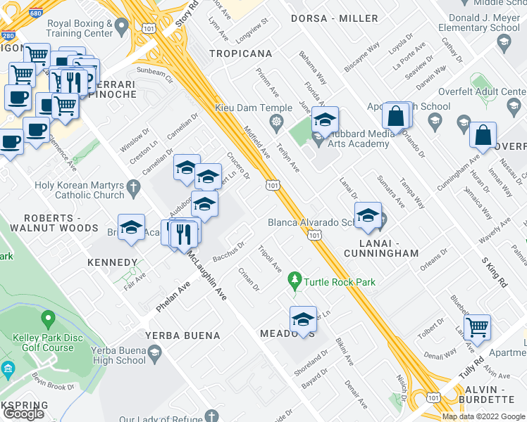 map of restaurants, bars, coffee shops, grocery stores, and more near 1417 Darwin Court in San Jose