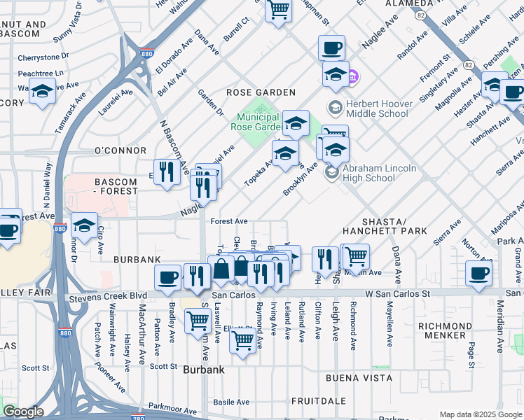map of restaurants, bars, coffee shops, grocery stores, and more near 207 Brooklyn Avenue in San Jose