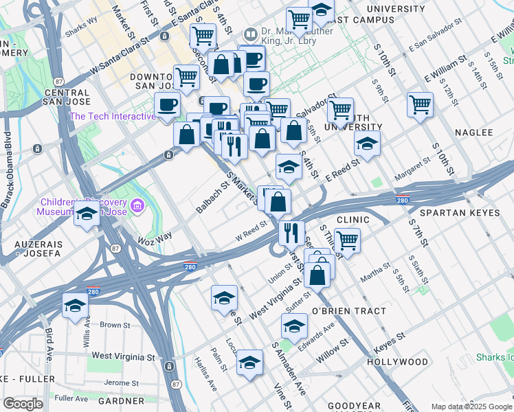 map of restaurants, bars, coffee shops, grocery stores, and more near in San Jose