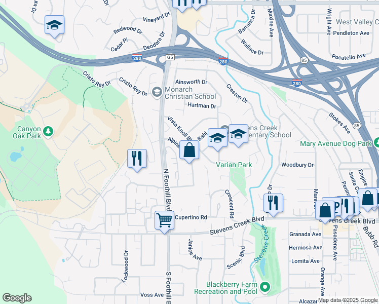 map of restaurants, bars, coffee shops, grocery stores, and more near 10296 Alpine Drive in Cupertino