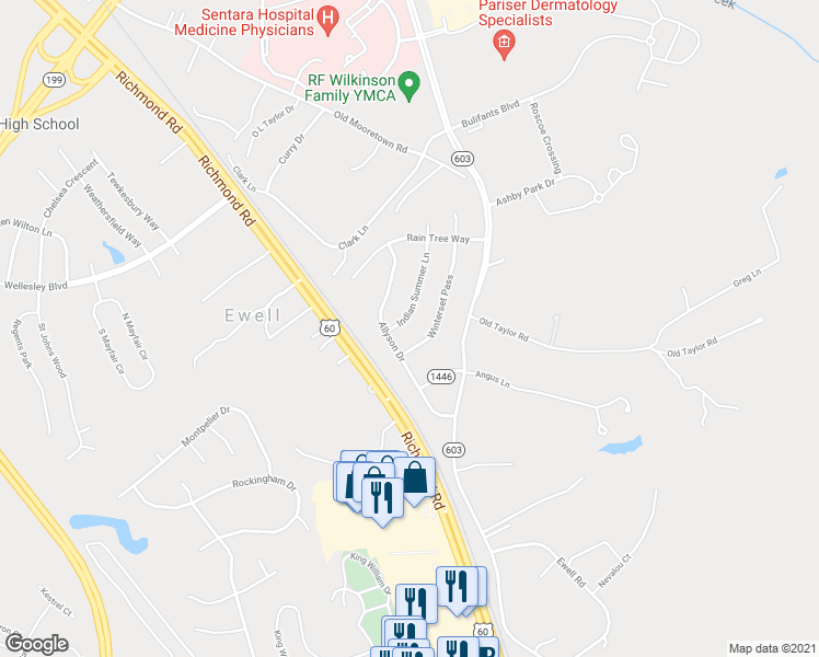 map of restaurants, bars, coffee shops, grocery stores, and more near 105 Indian Summer Lane in Williamsburg