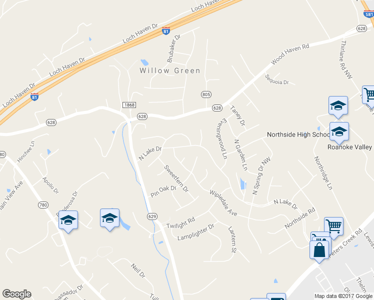 map of restaurants, bars, coffee shops, grocery stores, and more near 5526 North Lake Drive in Roanoke