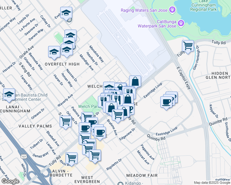 map of restaurants, bars, coffee shops, grocery stores, and more near 1853 Quimby Road in San Jose