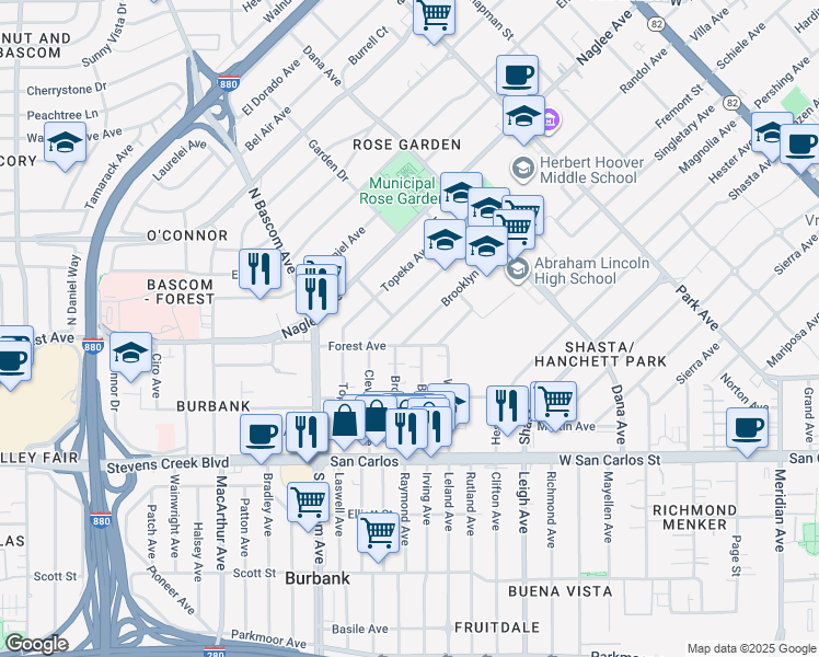 map of restaurants, bars, coffee shops, grocery stores, and more near 207 Brooklyn Avenue in San Jose