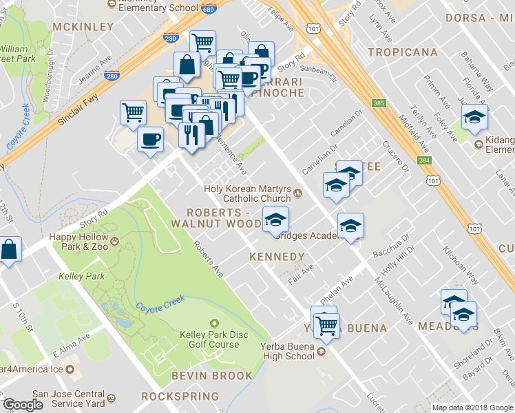 map of restaurants, bars, coffee shops, grocery stores, and more near 1023 Thelma Way in San Jose