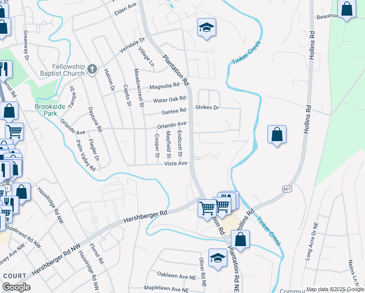 map of restaurants, bars, coffee shops, grocery stores, and more near 5339 Endicott Street in Hollins