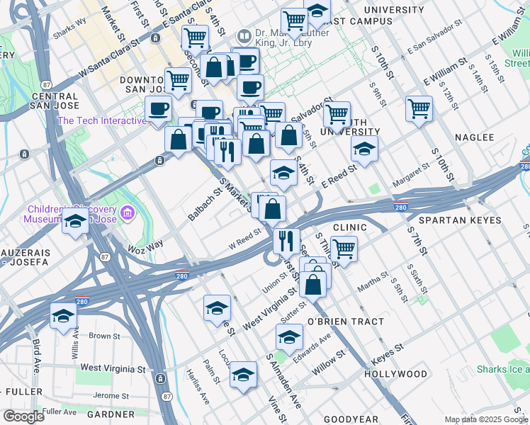 map of restaurants, bars, coffee shops, grocery stores, and more near 5 East Reed Street in San Jose