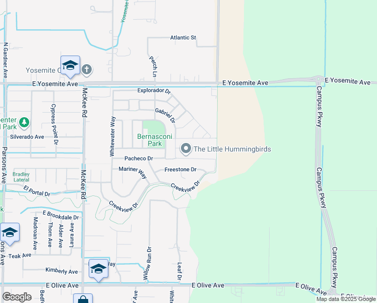 map of restaurants, bars, coffee shops, grocery stores, and more near 2454 Valverde Drive in Merced