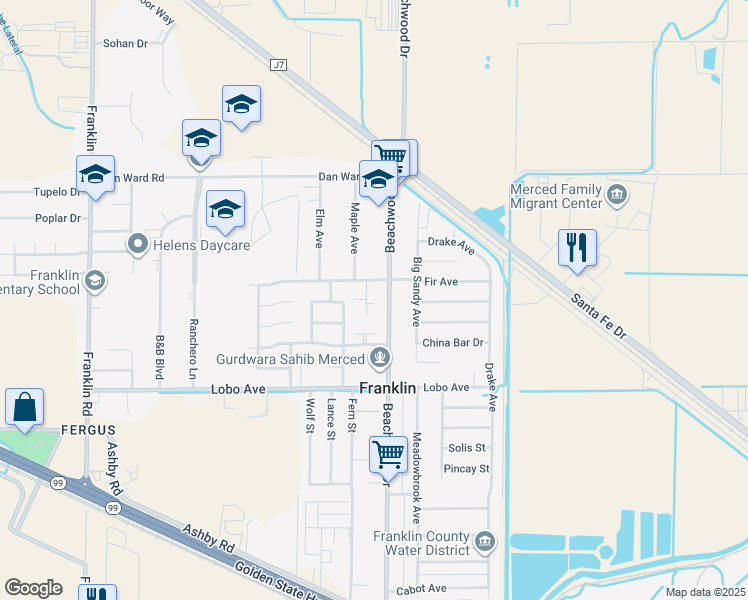 map of restaurants, bars, coffee shops, grocery stores, and more near 2714 Beachwood Drive in Merced