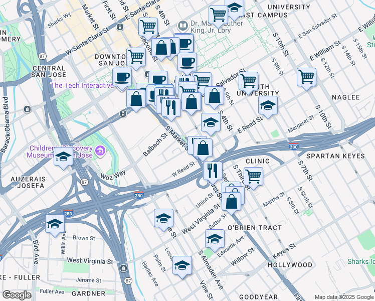 map of restaurants, bars, coffee shops, grocery stores, and more near in San Jose
