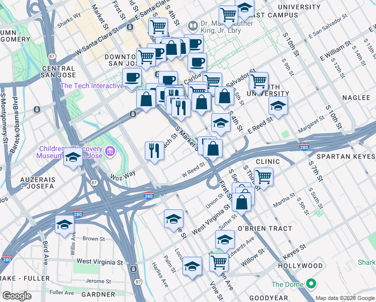 map of restaurants, bars, coffee shops, grocery stores, and more near 525 South Market Street in San Jose