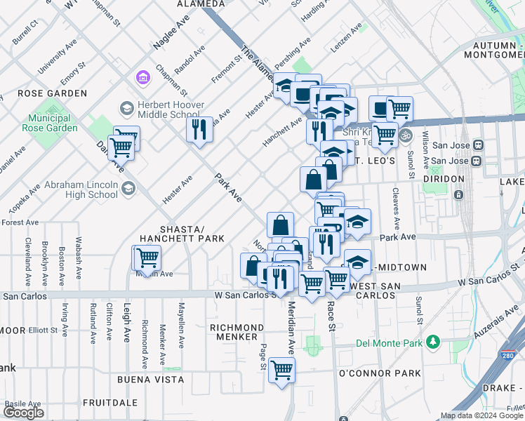 map of restaurants, bars, coffee shops, grocery stores, and more near 1376 Sierra Avenue in San Jose