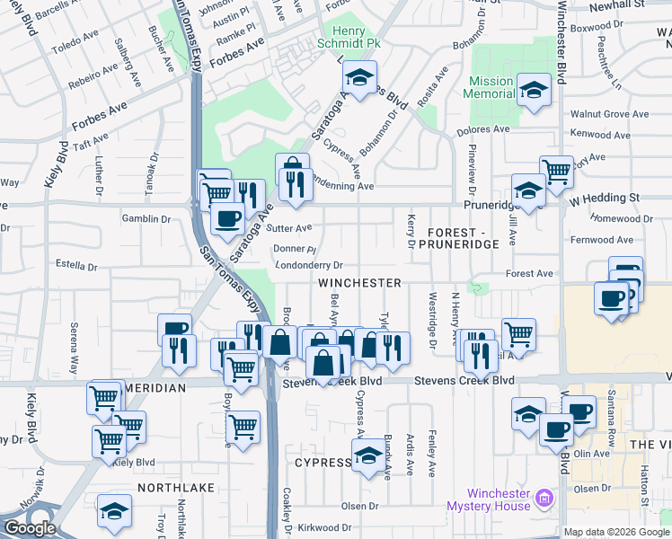 map of restaurants, bars, coffee shops, grocery stores, and more near 3484 Londonderry Drive in Santa Clara