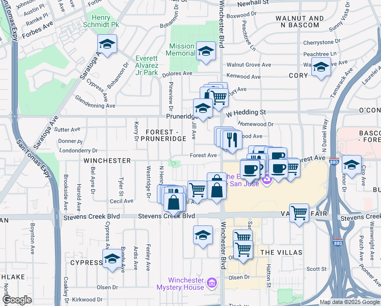 map of restaurants, bars, coffee shops, grocery stores, and more near 2575 Forest Avenue in San Jose