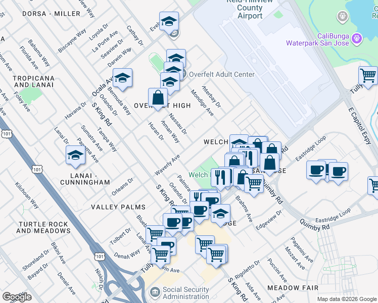 map of restaurants, bars, coffee shops, grocery stores, and more near 1951 Harbor View Avenue in San Jose