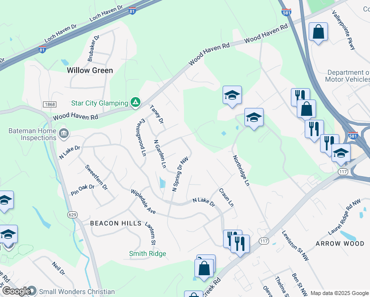 map of restaurants, bars, coffee shops, grocery stores, and more near 5258 North Spring Drive Northwest in Roanoke