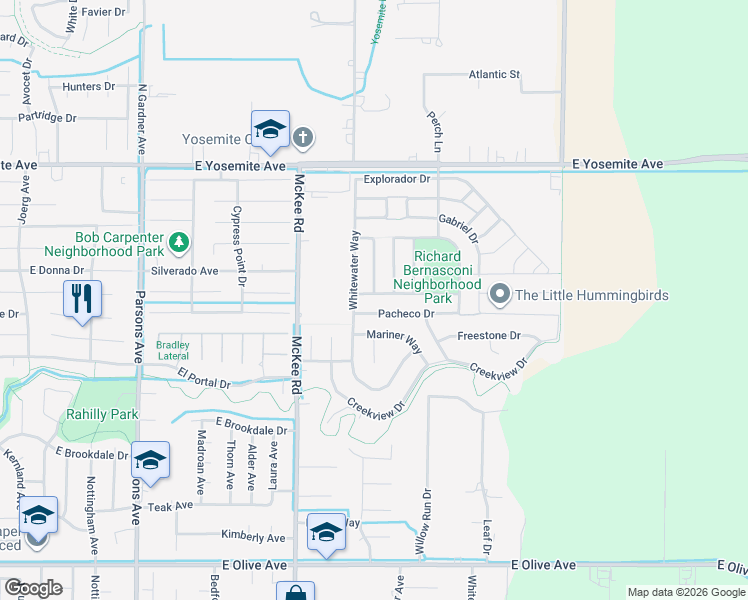 map of restaurants, bars, coffee shops, grocery stores, and more near 2324 Aviles Drive in Merced