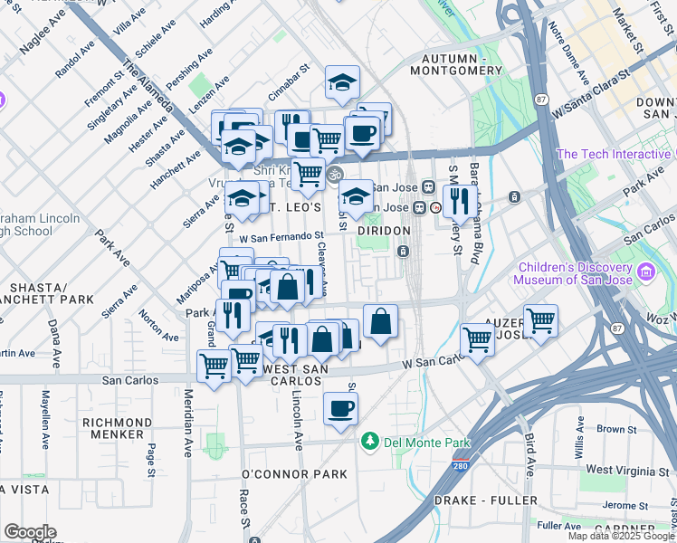 map of restaurants, bars, coffee shops, grocery stores, and more near 157 Sunol Street in San Jose