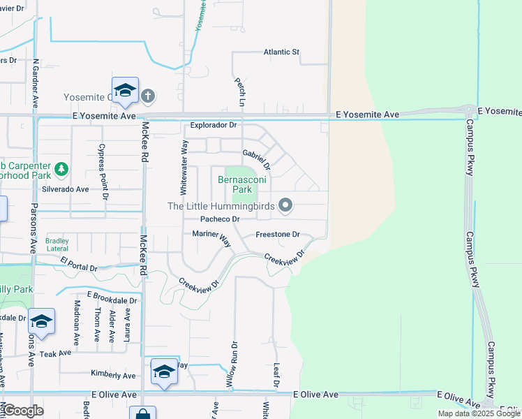 map of restaurants, bars, coffee shops, grocery stores, and more near 3634 Jardin Way in Merced