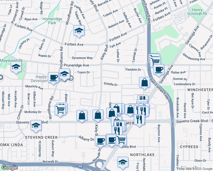map of restaurants, bars, coffee shops, grocery stores, and more near 2786 Estella Drive in Santa Clara