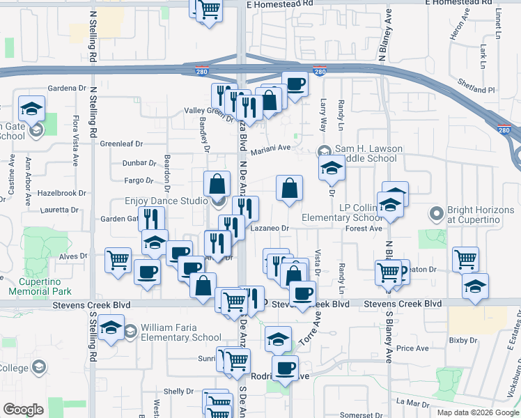 map of restaurants, bars, coffee shops, grocery stores, and more near 10302 Parlett Place in Cupertino