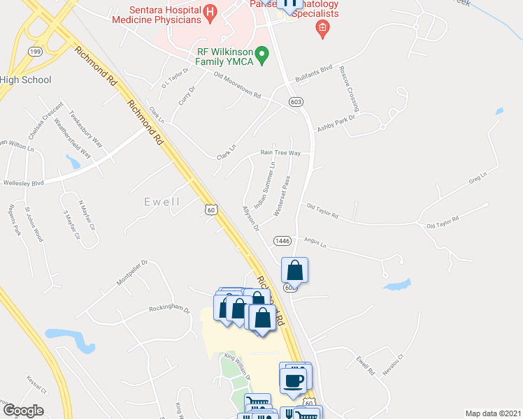 map of restaurants, bars, coffee shops, grocery stores, and more near 105 Indian Summer Lane in Williamsburg