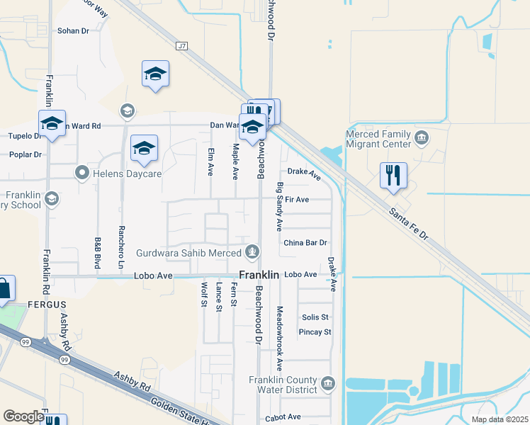 map of restaurants, bars, coffee shops, grocery stores, and more near 2714 Beachwood Drive in Merced