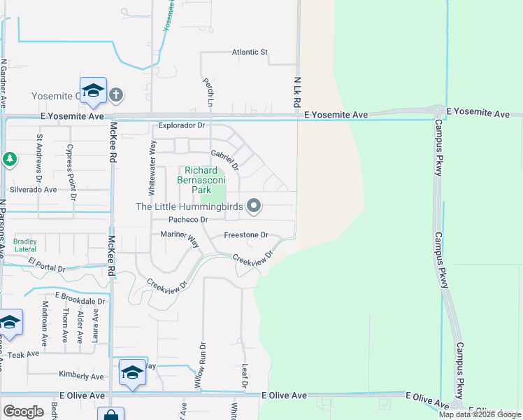map of restaurants, bars, coffee shops, grocery stores, and more near 2446 Valverde Drive in Merced
