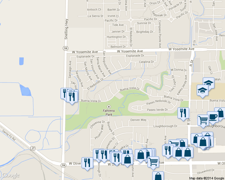 map of restaurants, bars, coffee shops, grocery stores, and more near 3436 San Carlos Ct in Merced
