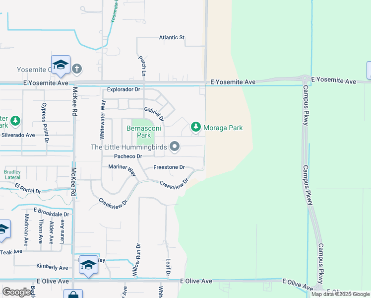 map of restaurants, bars, coffee shops, grocery stores, and more near 2454 Valverde Drive in Merced