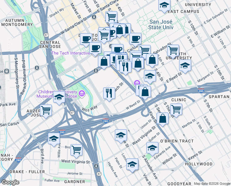 map of restaurants, bars, coffee shops, grocery stores, and more near 138 Balbach Street in San Jose