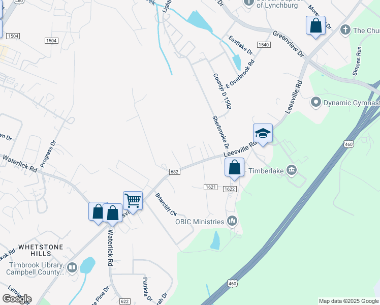 map of restaurants, bars, coffee shops, grocery stores, and more near 54 Lynx Drive in Lynchburg