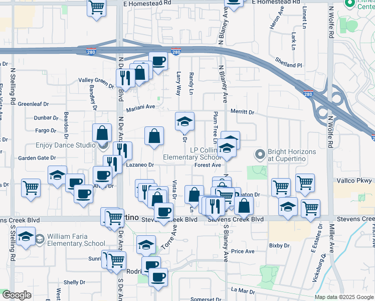map of restaurants, bars, coffee shops, grocery stores, and more near 10338 Vista Drive in Cupertino