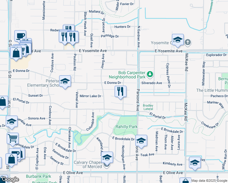 map of restaurants, bars, coffee shops, grocery stores, and more near 1258 Glacier Point Court in Merced
