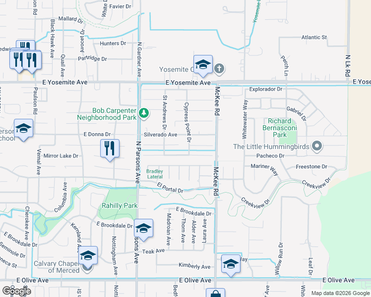 map of restaurants, bars, coffee shops, grocery stores, and more near 3429 Cypress Point Drive in Merced