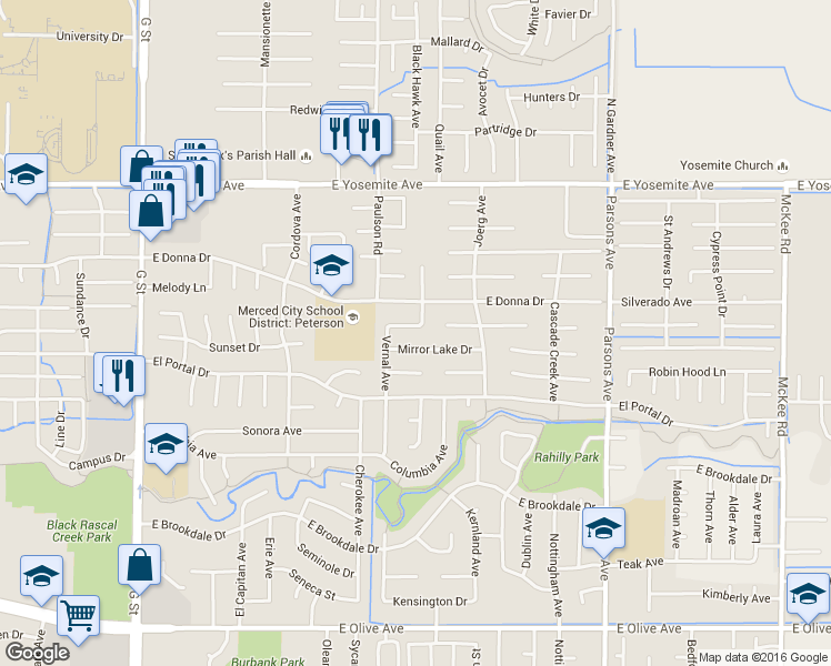 map of restaurants, bars, coffee shops, grocery stores, and more near 1048 Vernal Avenue in Merced