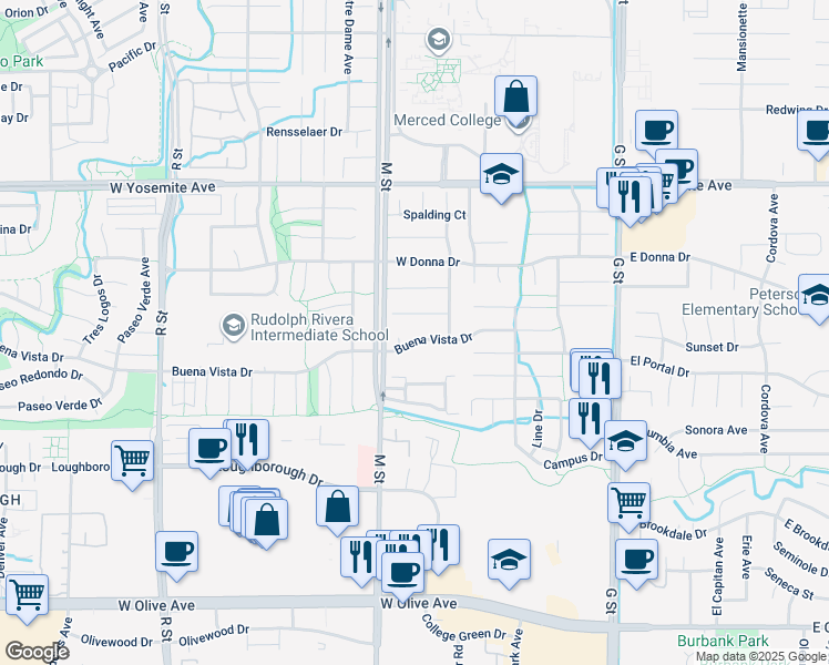 map of restaurants, bars, coffee shops, grocery stores, and more near 561 Buena Vista Drive in Merced