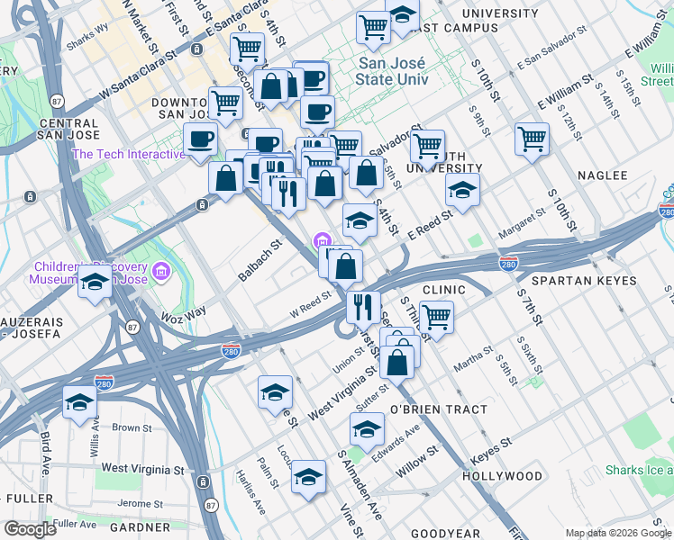 map of restaurants, bars, coffee shops, grocery stores, and more near in San Jose