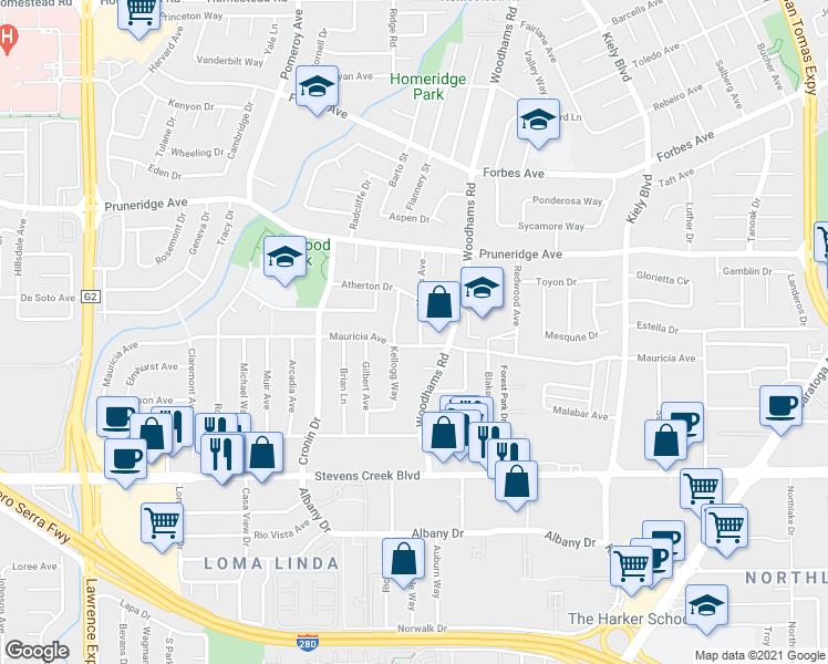 map of restaurants, bars, coffee shops, grocery stores, and more near 272 Hayes Avenue in Santa Clara
