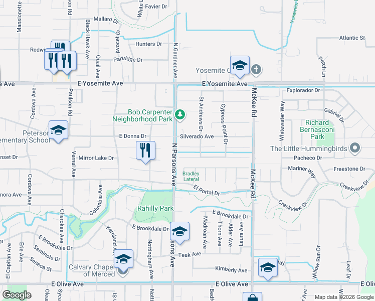 map of restaurants, bars, coffee shops, grocery stores, and more near 1786 La Quinta Court in Merced