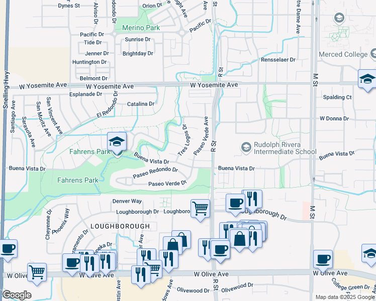 map of restaurants, bars, coffee shops, grocery stores, and more near 3422 Tres Logos Drive in Merced
