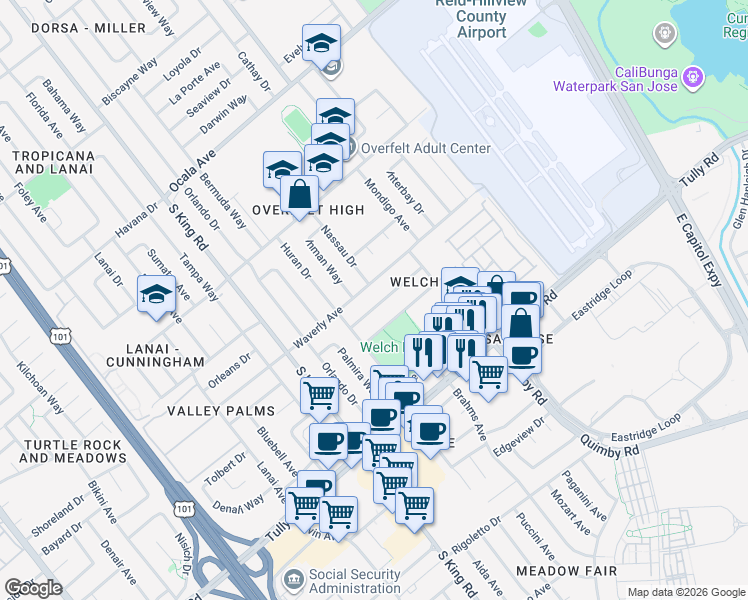 map of restaurants, bars, coffee shops, grocery stores, and more near 1951 Harbor View Avenue in San Jose