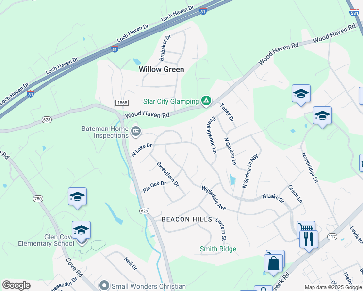 map of restaurants, bars, coffee shops, grocery stores, and more near 5520 North Lake Drive in Roanoke