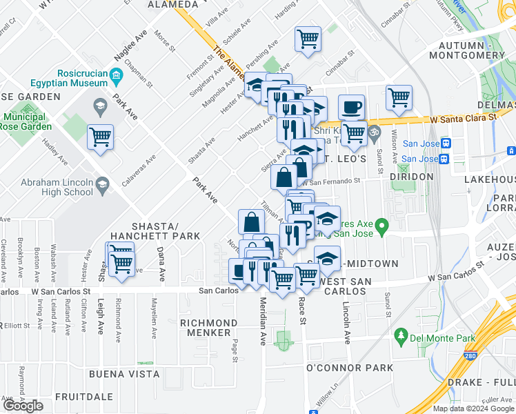 map of restaurants, bars, coffee shops, grocery stores, and more near 1312 Yosemite Avenue in San Jose