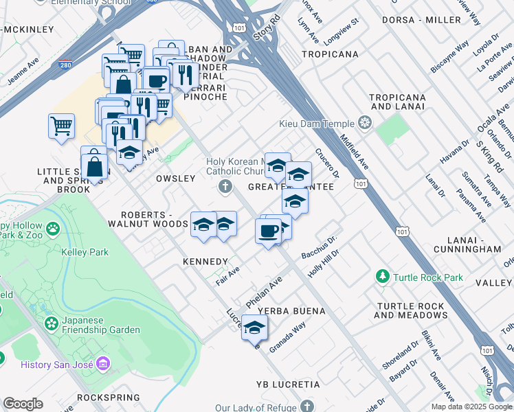 map of restaurants, bars, coffee shops, grocery stores, and more near 1560 McLaughlin Avenue in San Jose