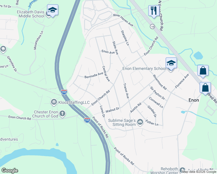 map of restaurants, bars, coffee shops, grocery stores, and more near 1308 Enon Church Road in Chester