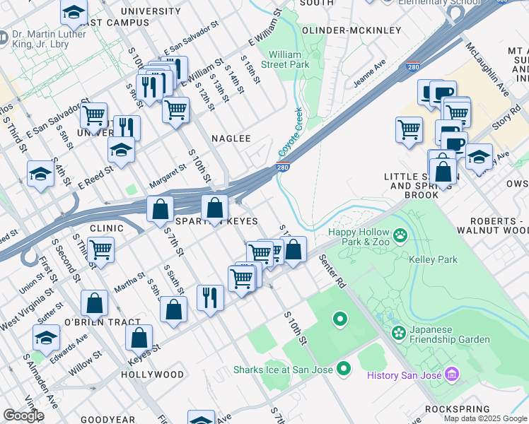 map of restaurants, bars, coffee shops, grocery stores, and more near 516 Martha Street in San Jose